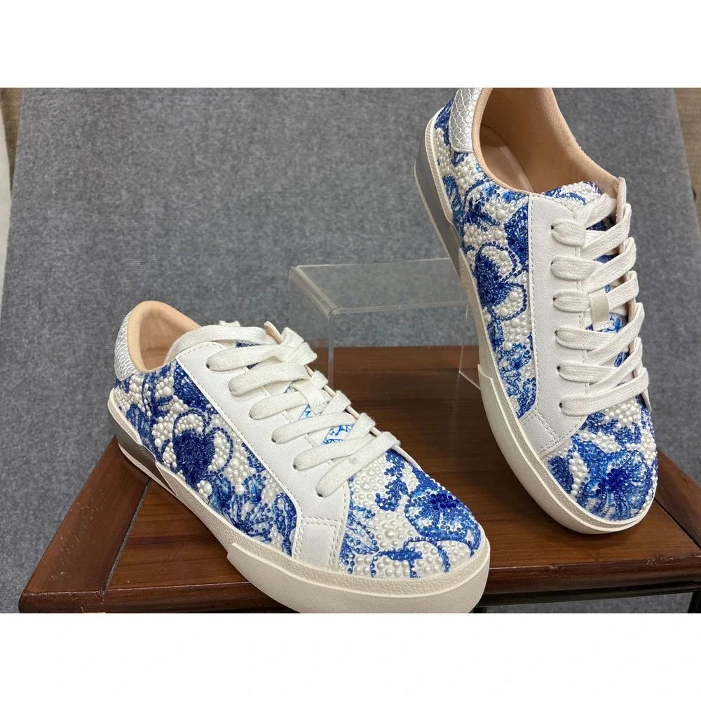 Betsey Johnson SB-DAMON Blue Floral Crystal Pearl Embellished Sneakers 7.5 NEW